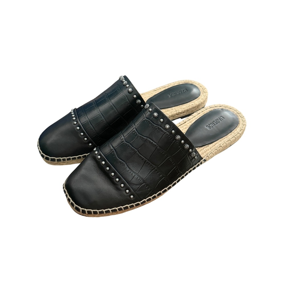 L'AGENCE Black Croc Embossed Studded Leather Espadrille Mules Size 7.5